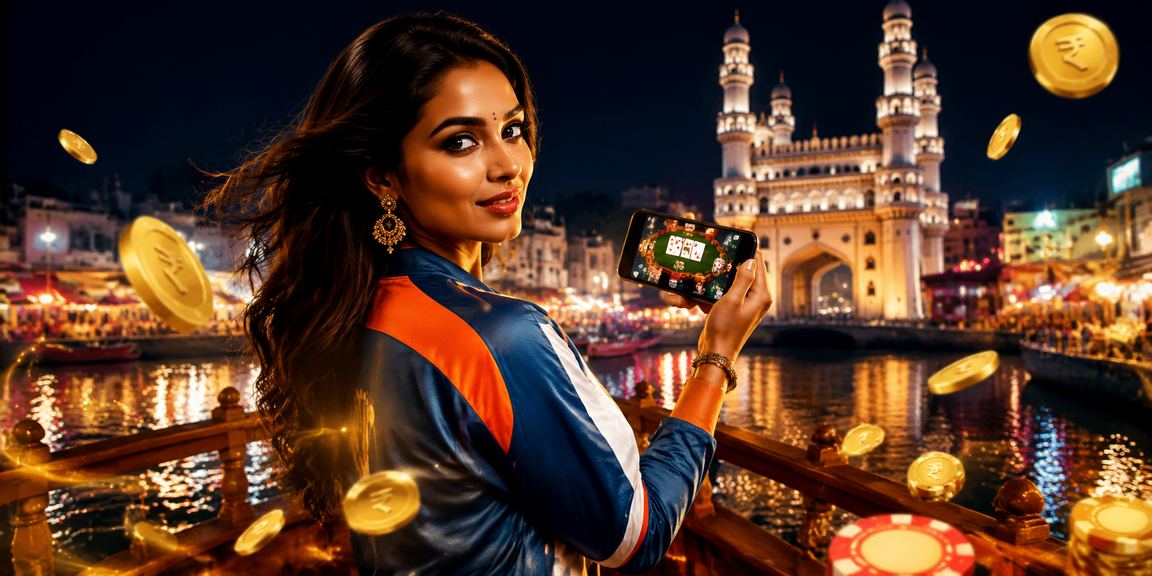 Mobile user playing Teen Patti near Charminar, Hyderabad with cricket background